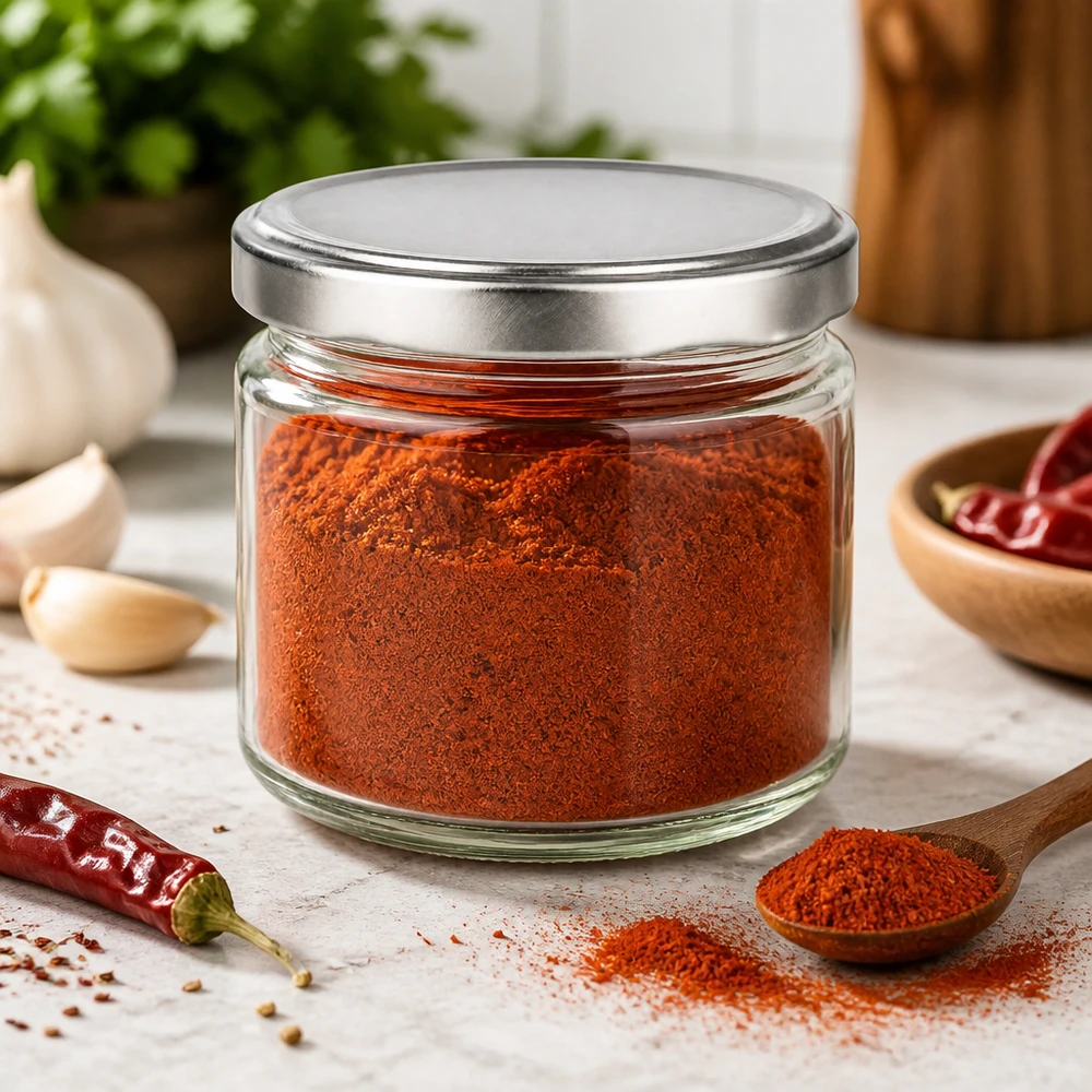 330ml Verre rond avec couvercle BasicSeal argent UNiTWIST Bocal rond de 330ml avec couvercle BasicSeal rempli de paprika en poudre dans l'environnement de la cuisine Bocal à épices Récipient à provisions