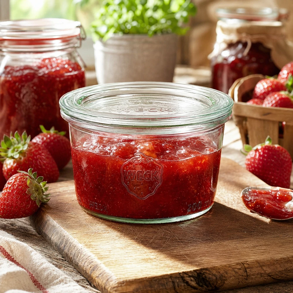 200ml bocal conique avec bouchon en verre WECK RR80 WECK Pot renversé 200ml RR80 avec confiture de fraises maison remplie sur planche en bois avec fraises fraîches