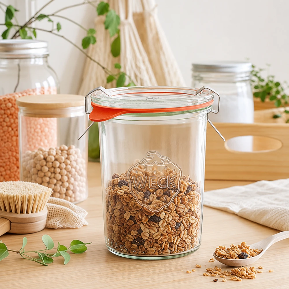 160ml bocal conique complet WECK RR60 WECK Pot renversé 160ml RR60 rempli de céréales dans la cuisine durable Zero-Waste pour une conservation respectueuse de l'environnement