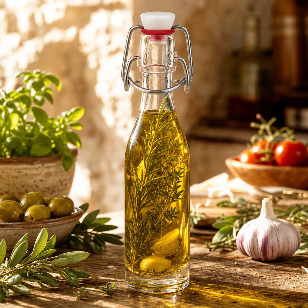 Bouteille en verre de 50 ml avec fermeture à étrier remplie d'huile d'herbes aromatiques à côté d'olives, d'ail et d'herbes fraîches