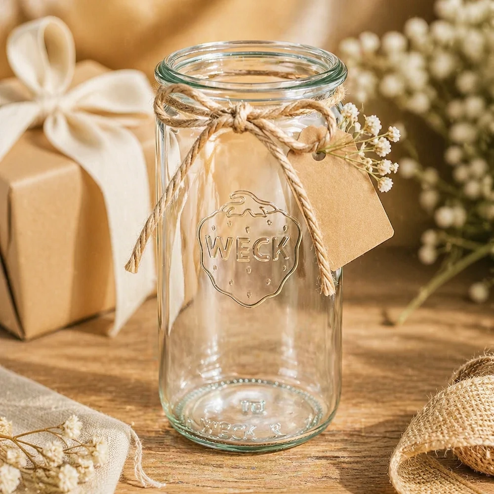 Bocal en verre cylindrique WECK RR60 de 340 ml WECK Verre cylindrique 340ml RR60 comme cadeau décoré avec une corde de jute et un pendentif dans une scène décorative rustique