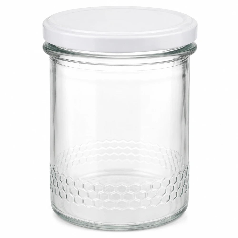 Pot à miel 560 g avec couvercle blanc BasicSeal UNiTWIST Pot à miel de 400ml avec couvercle blanc BasicSeal Système UNiTWIST verre transparent avec motif en nid d'abeille sur le fond