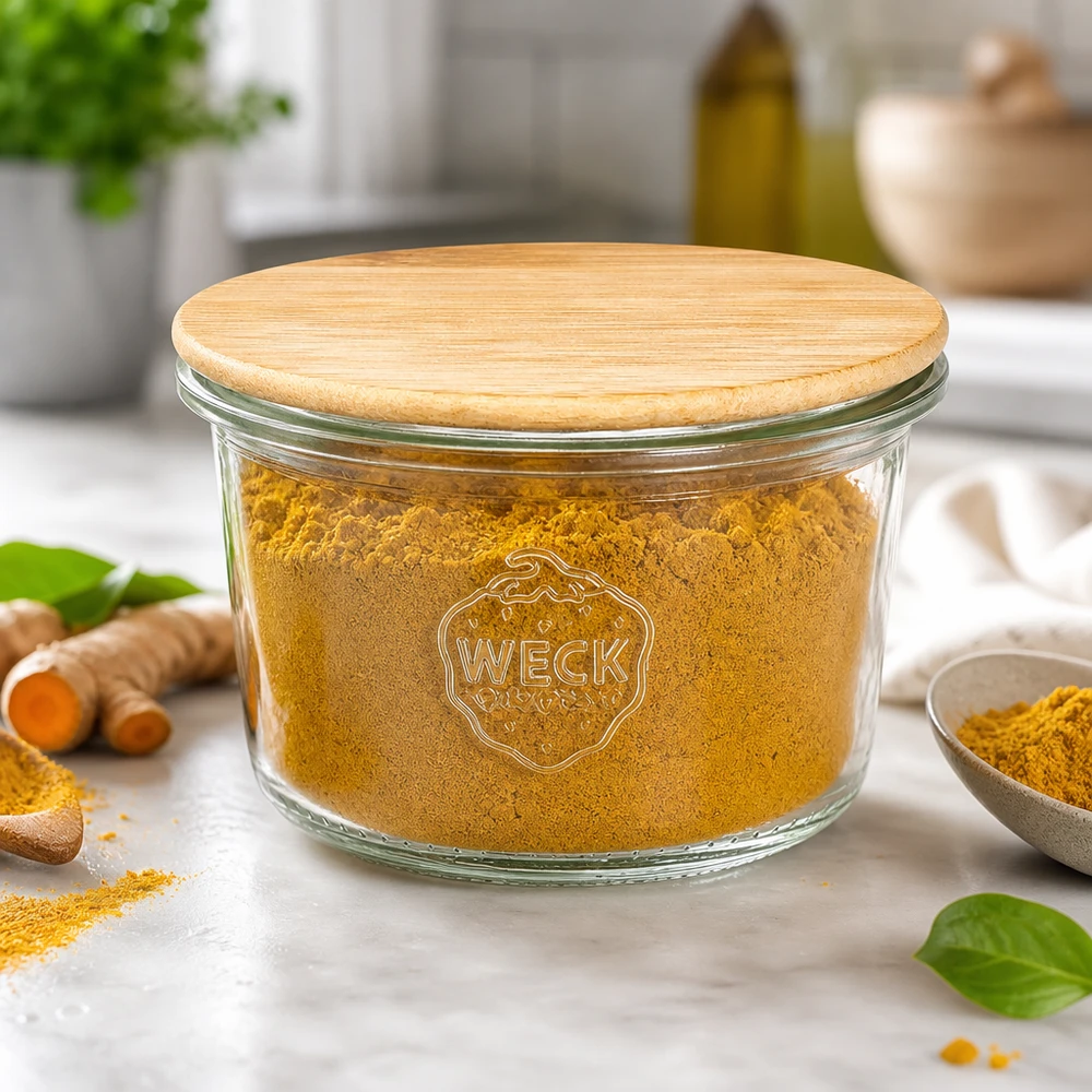 WECK Pot renversé 80ml RR60 avec couvercle en bambou rempli d'épices de curcuma dans la cuisine moderne avec des racines fraîches