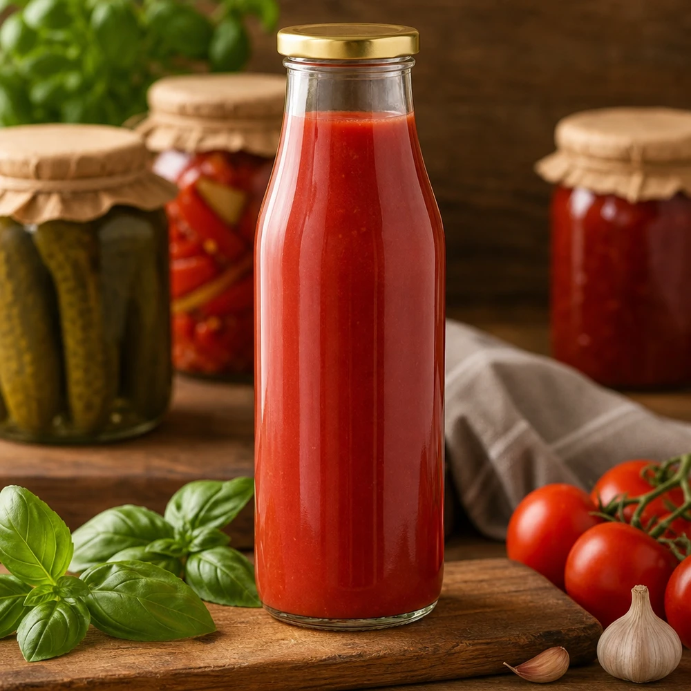 500ml Bouteille avec couvercle BasicSeal or UNiTWIST 500ml Glasflasche mit Tomatensaft gefüllt zeigt praktische Verwendung für hausgemachte Säfte und Konserven