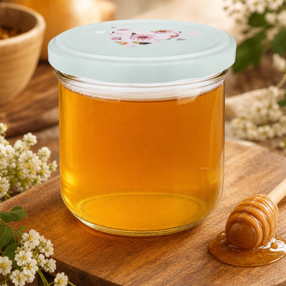 Tumbler de 260 ml + couvercle BasicSeal cur menthe UNiTWIST Pot renversé de 260 ml rempli de miel, couvercle BasicSeal vert menthe avec motif de cœur, cuillère à miel et fleurs en guise de décoration