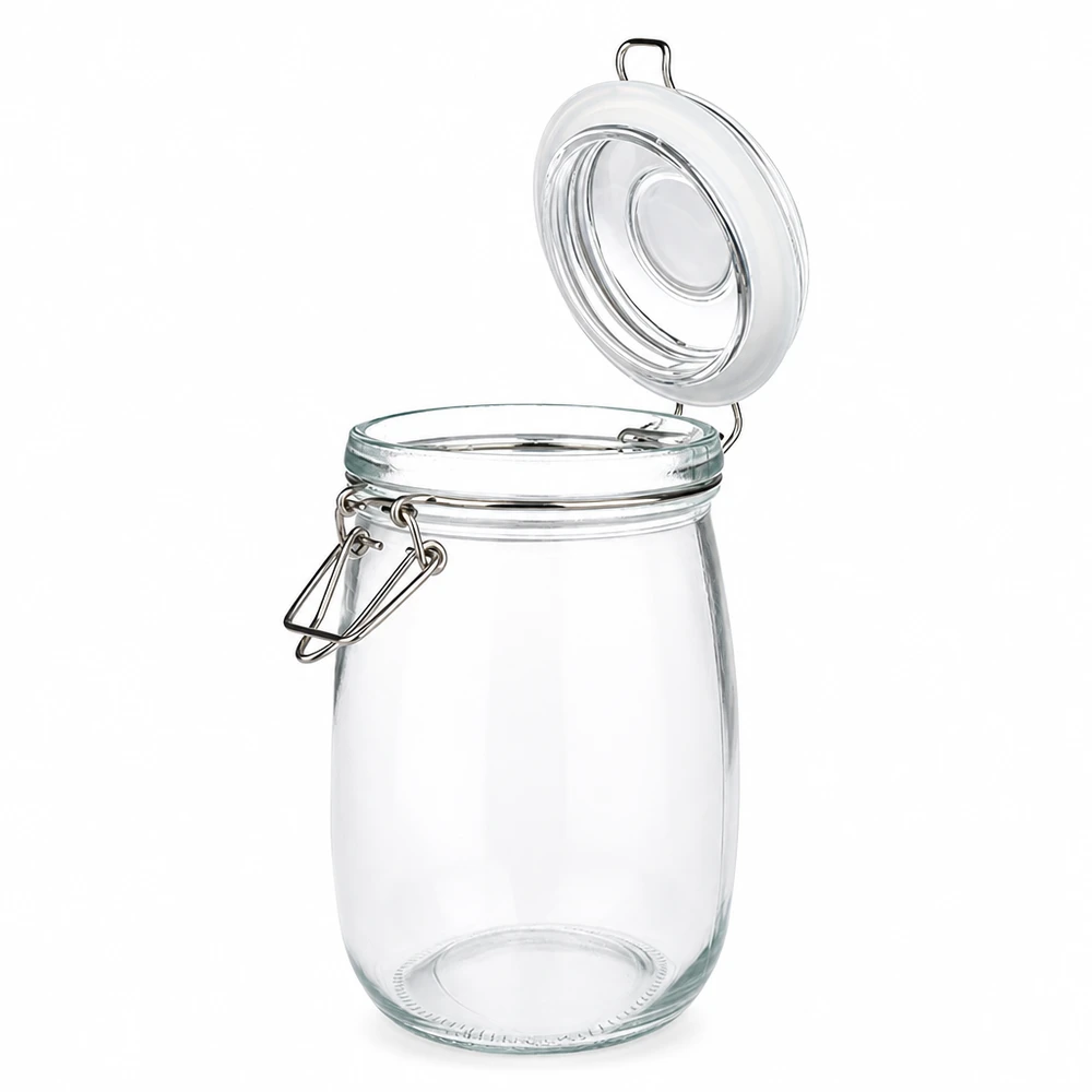 Pot de réserve 1000ml type S avec fermeture à étrier UN. Bocal à provisions rond en verre transparent avec anse métallique et joint en caoutchouc 1000ml