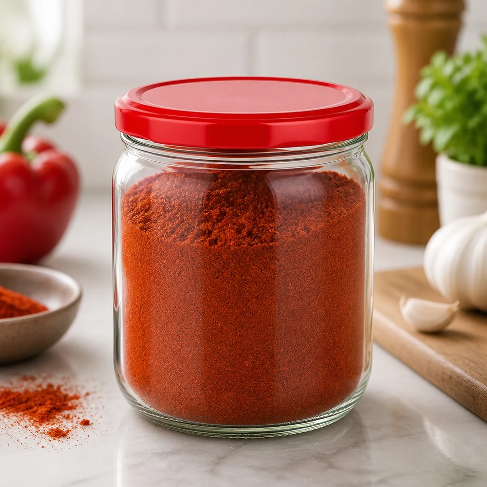425ml Verre rond avec couvercle BasicSeal rouge UNiTWIST 425ml pot rond avec couvercle rouge rempli de paprika en poudre dans une cuisine moderne - Conservation d'épices BasicSeal UNiTWIST