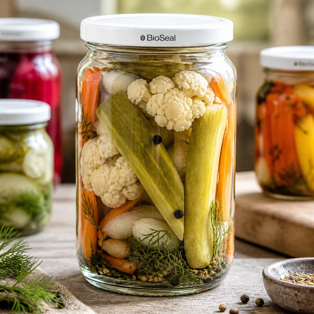 795ml Verre rond avec couvercle BioSeal blanc UNiTWIST UNiTWIST Runda795 Bocal de légumes mixtes marinés - idéal pour les pickles et les aliments fermentés