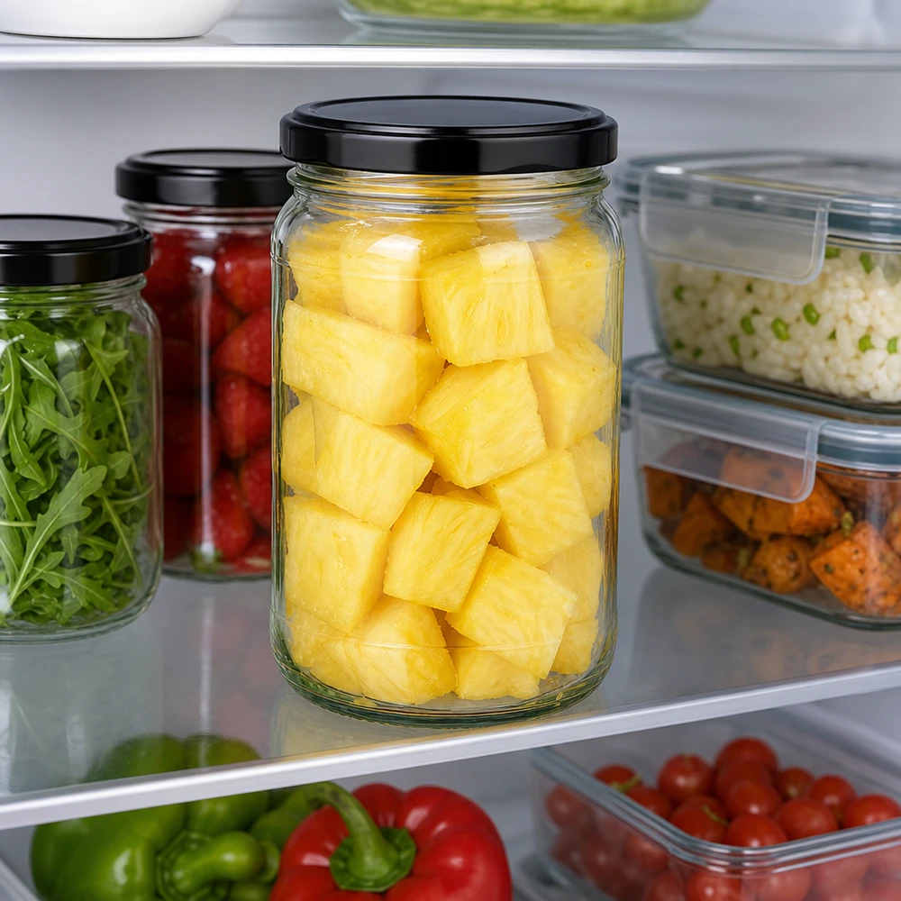 Bocal rond de 305 ml UNiTWIST avec couvercle noir plein d'ananas au réfrigérateur pour la conservation des aliments