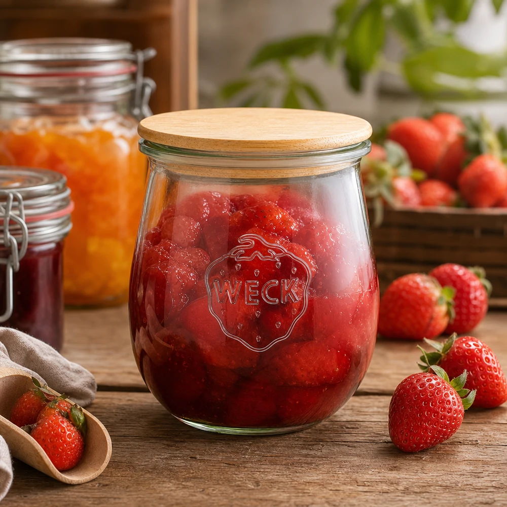 WECK Pot tulipe 220ml avec couvercle en bois rempli de confiture de fraise - Pot de conservation pour confiture et pâte à tartiner