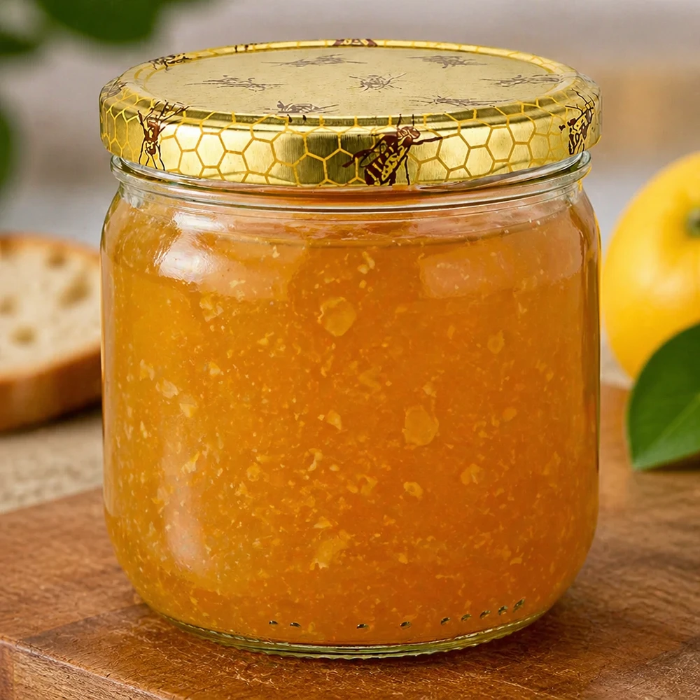 Pot à miel 500 g avec couvercle motif rayon de miel BasicSeal UNiTWIST Pot de miel de 500g avec miel crémeux et couvercle en nid d'abeille à côté d'orange sur fond en bois