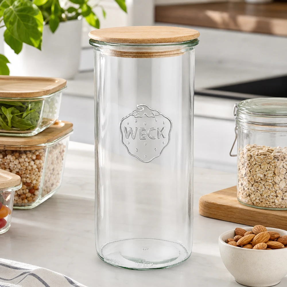1500ml bocal conique WECK RR100 avec couvercle en bois WECK Verre renversé 1500ml RR100 vide avec couvercle en bois dans une cuisine moderne entouré de bocaux à provisions remplis de noix