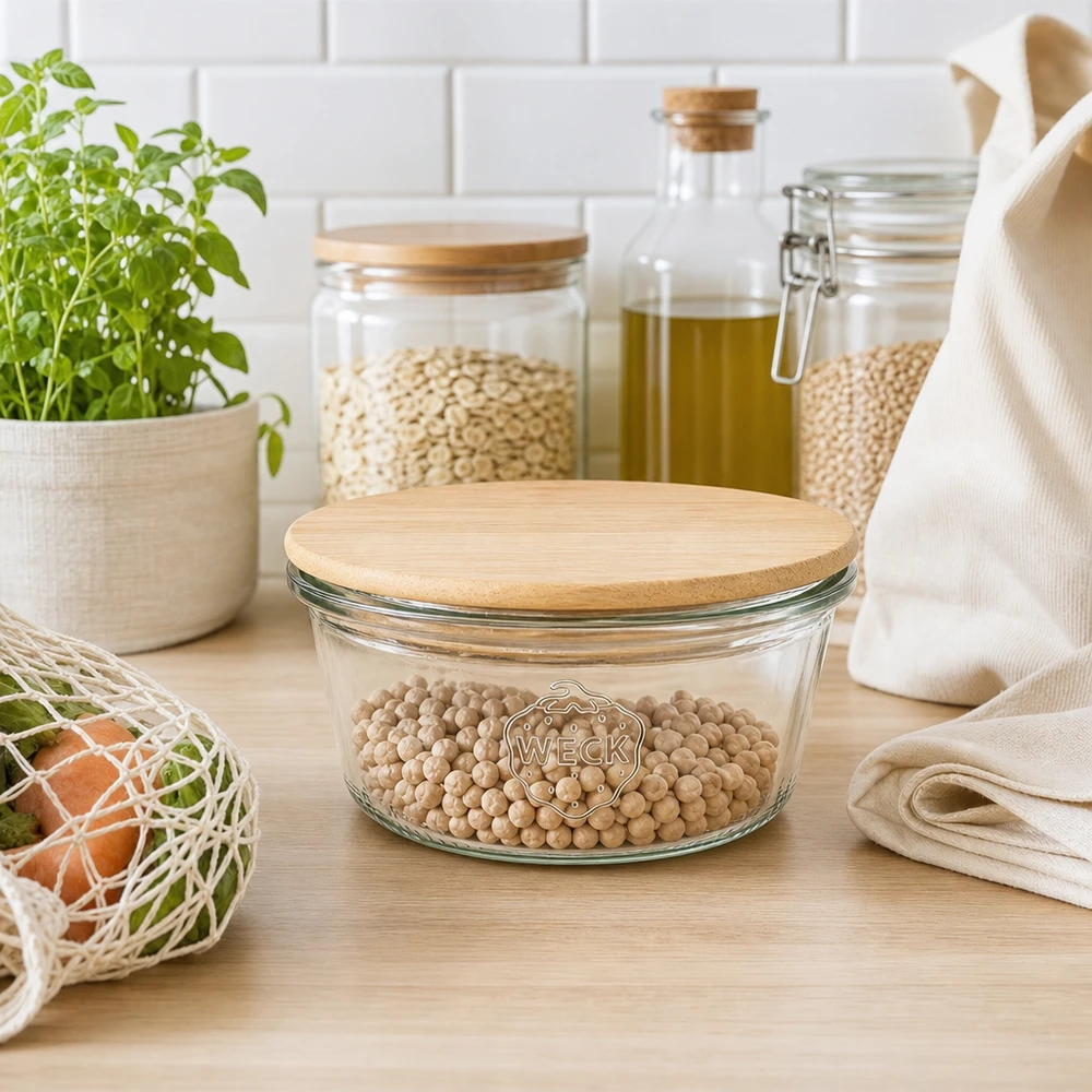 WECK Pot renversé 290ml RR100 avec couvercle en bois de bambou en cuisine durable avec légumineuses, concept zéro déchet