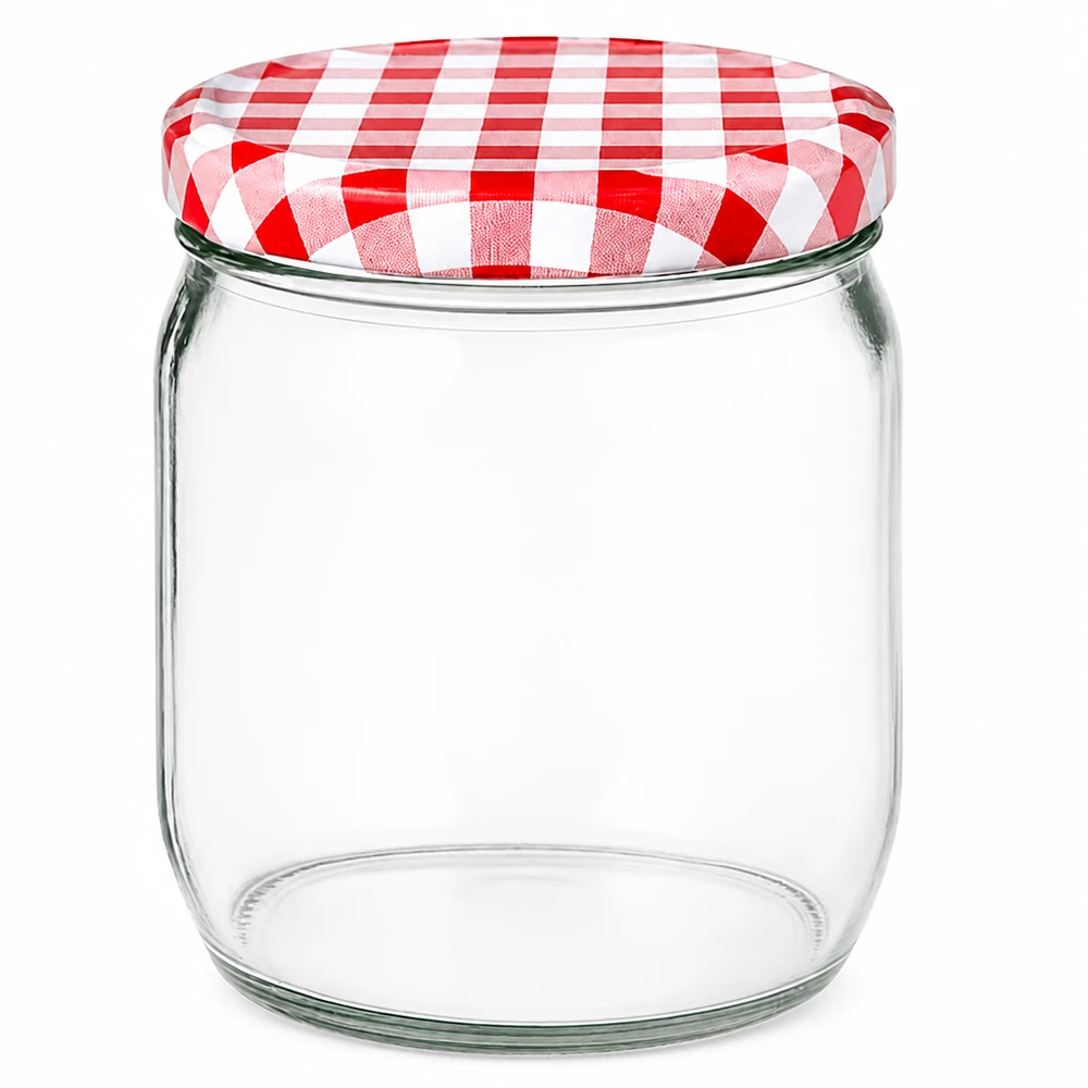 425ml Verre rond avec couvercle BasicSeal rouge/blanc UNiTWIST Pot rond de 425ml avec couvercle BasicSeal à carreaux rouges et blancs, pot vide pour confiture et conserves