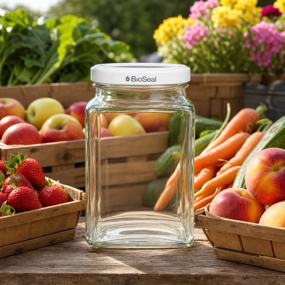 260ml Tetraglas avec couvercle BioSeal blanc UNiTWIST UNiTWIST Tetra260 Bocal vide sur table en bois avec fruits frais légumes couvercle blanc TO58 BioSeal Outdoor Garden