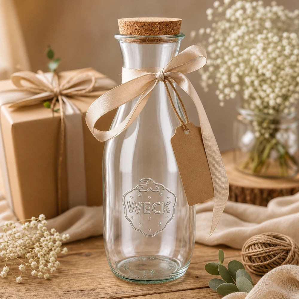1062ml Bouteille à jus de fruits WECK RR60 avec bouchon nature WECK Bouteille en verre de 1062 ml décorée comme cadeau avec un ruban beige et un pendentif à côté du gypsophile et une boîte cadeau