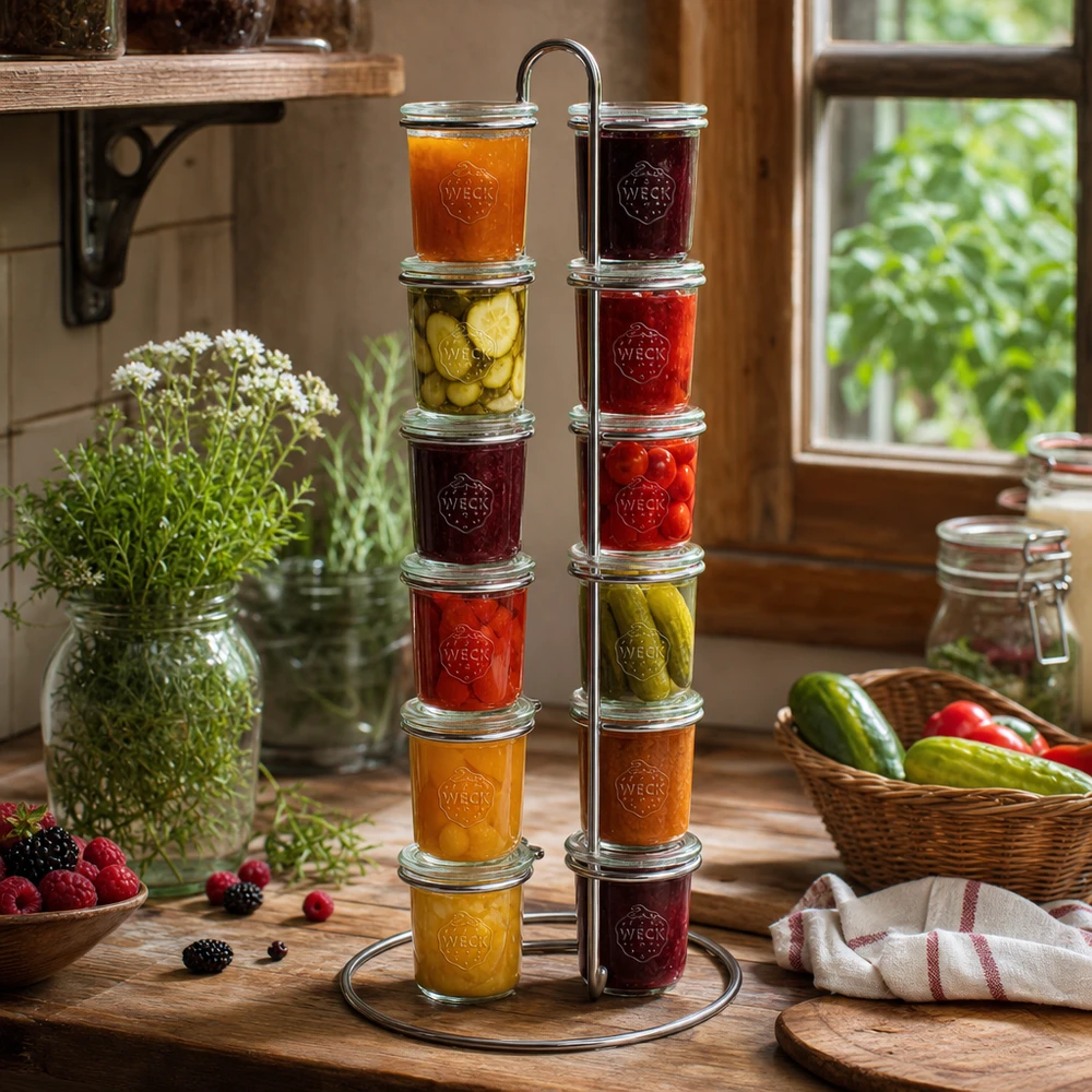 WECK Support de service Vertico12 dans une cuisine rustique rempli de confitures et de cornichons montre une utilisation polyvalente