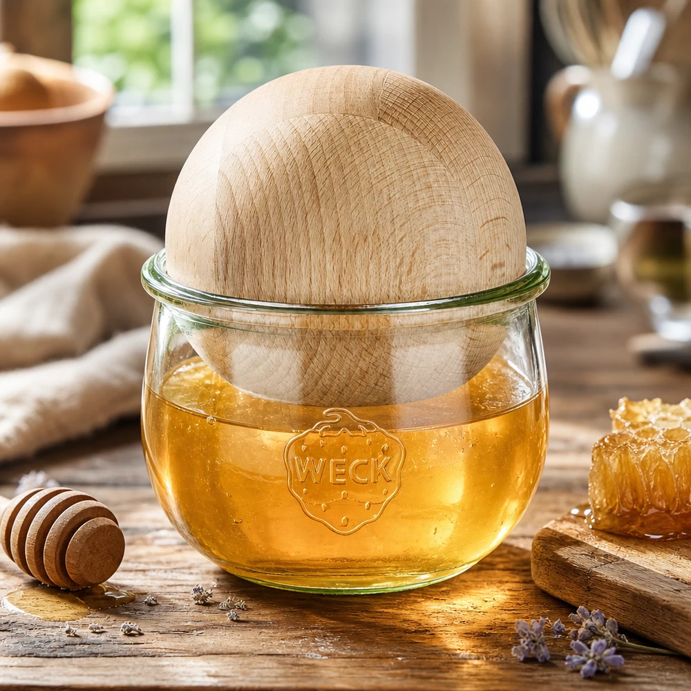 580ml bocal tulipe WECK RR100 avec boule en bois en hêtre WECK Pot tulipe 580ml avec boule en bois de hêtre remplie de miel, conservation décorative pour produits naturels et accessoires de cuisine