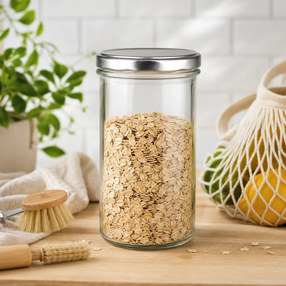 350ml Verre conique avec couvercle BasicSeal argent UNiTWIST Verre renversé de 350 ml avec couvercle BasicSeal argenté rempli de flocons d'avoine sur planche en bois avec accessoires de cuisine Verre à céréales