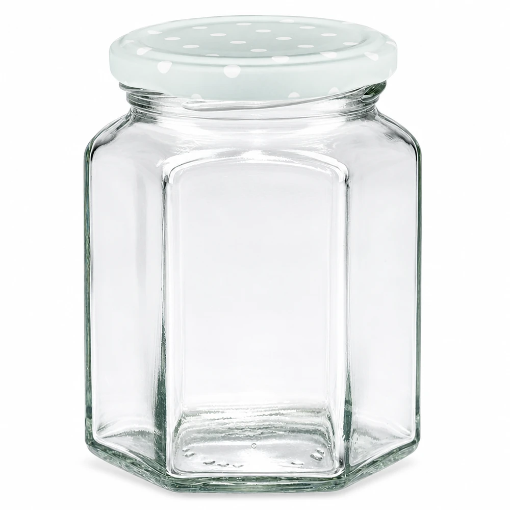 288ml Hexaglas avec couvercle BasicSeal points menthe - bocal hexagonal en verre avec couvercle à points vert menthe