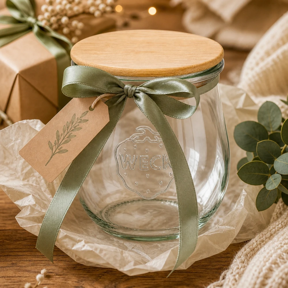 220ml bocal tulipe WECK RR60 avec couvercle en bois WECK Pot tulipe 220ml RR60 comme cadeau avec ruban vert et pendentif - pot de conserve avec couvercle en bois emballé de manière décorative