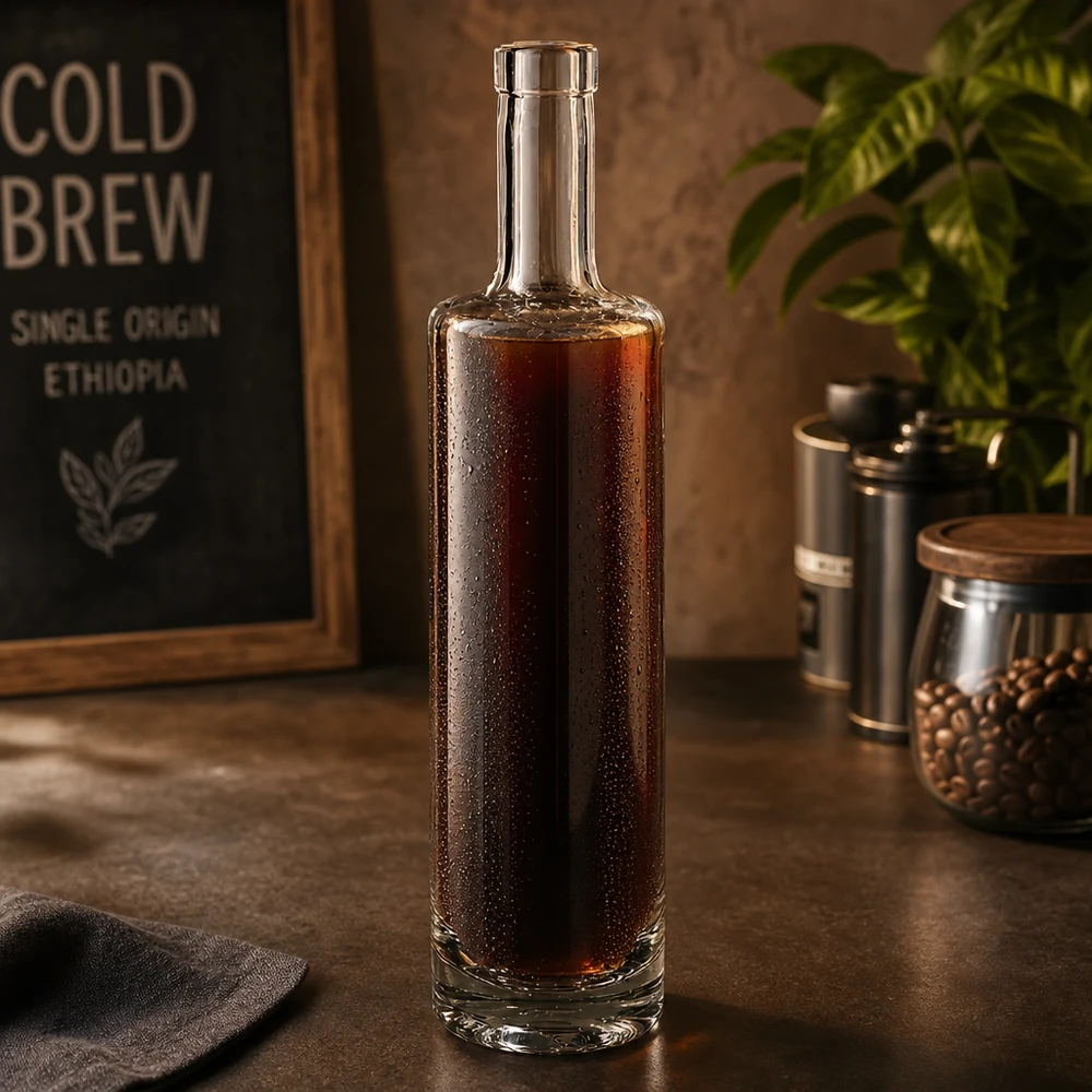 Flacon en verre 500 ml « Lina » sans bouchon UNiTWIST® Bouteille en verre Lina de 500 ml remplie de café Cold Brew dans une atmosphère stylée de coffee shop avec des grains de café et des décors vintage.