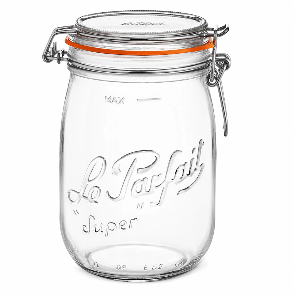 Le Parfait Super Pot de conservation 1000ml avec fermeture à étrier et joint orange en verre transparent