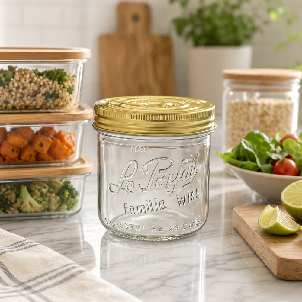 539ml Verre à pied Familia Wiss avec couvercle doré sur le comptoir de la cuisine à côté des boîtes à provisions et des aliments frais