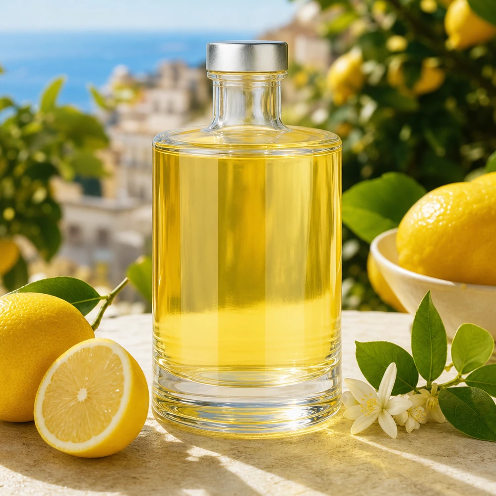 Bouteille en verre 375 ml « Sam » et bouchon à vis argenté UNiTWIST® 375ml Glasflasche Sam mit Zitruslikör gefüllt - mediterrane Szenerie mit frischen Zitronen und silbernem Verschluss