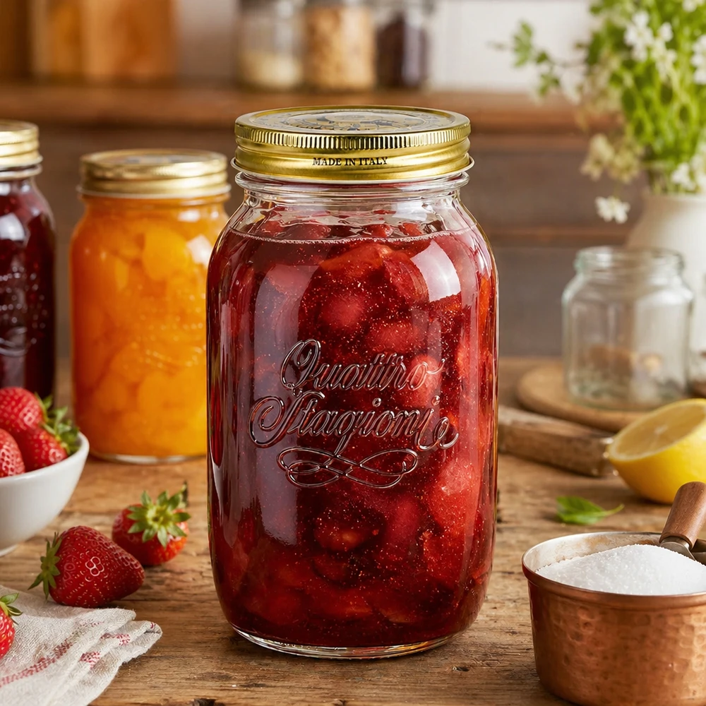 1500ml verre rond « Quattro Stagioni » avec couvercle Quattro Stagioni 1500ml bocal rempli de confiture de fraise scène de cuisine italienne bocal de conservation strawberry jam