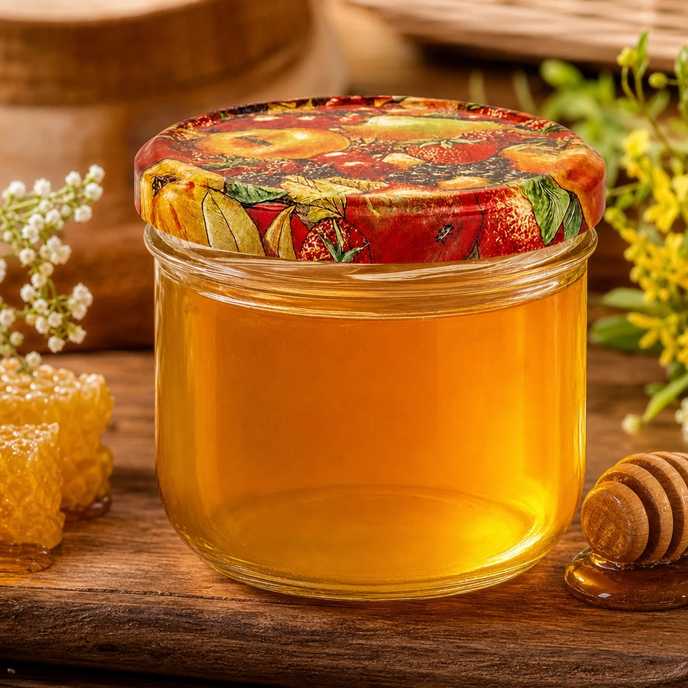 260ml Verre conique avec couvercle BasicSeal décor fruits UNiTWIST Honig im 260ml Sturzglas mit BasicSeal Obst-Deckel, dekorative Präsentation mit Bienenwaben und Honigstab