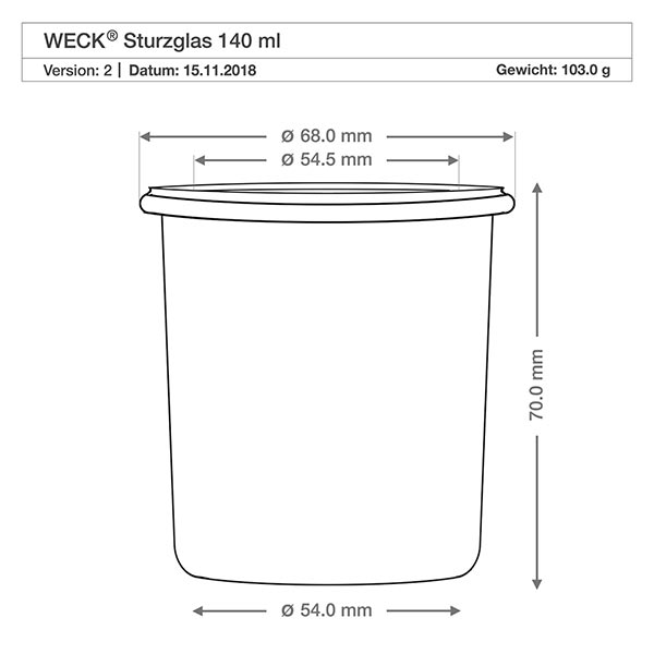 Bocal en verre de 140 ml avec couvercle hermétique WECK RR60 Dessin technique WECK Verre renversé 140ml RR60 avec dimensions et spécifications pour couvercle boule en bois en hêtre