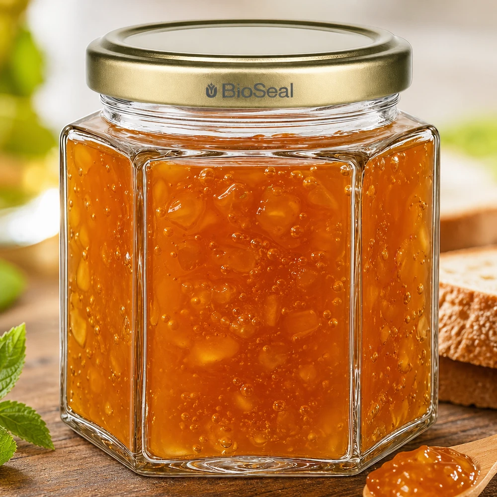 Pot à miel 520 g avec couvercle doré BioSeal UNiTWIST Pot de miel hexagonal BioSeal de 520 g rempli de marmelade d'orange sur une planche en bois à côté du pain et de la menthe
