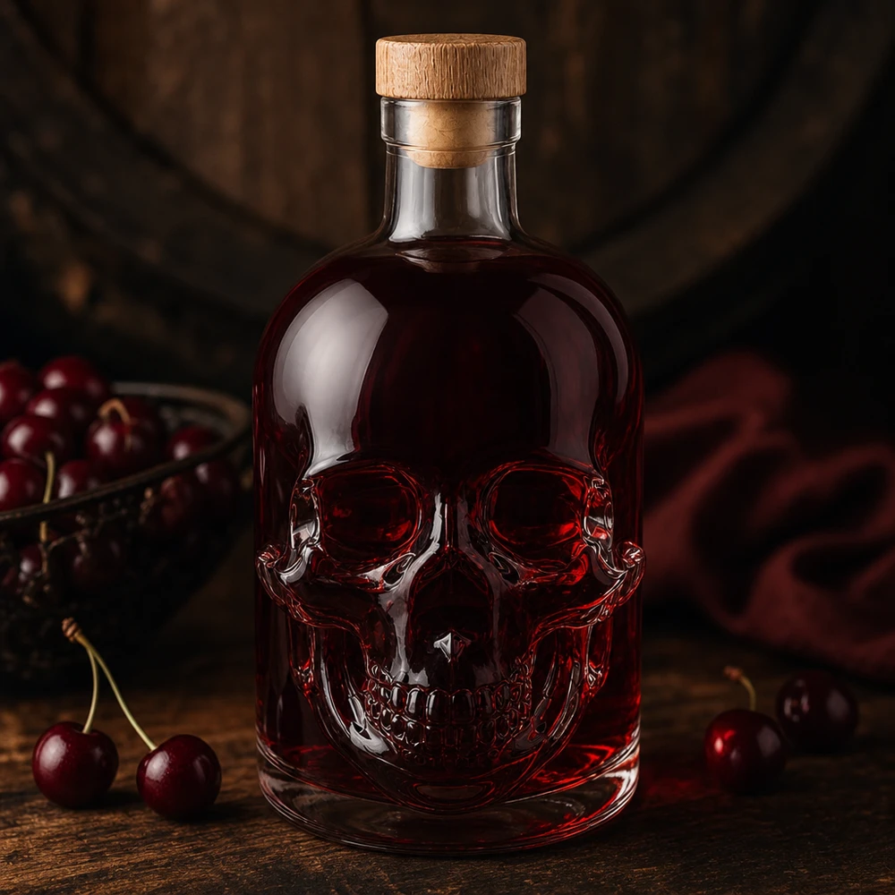 Bouteille en verre 500 ml « Jack » avec bouchon en bois UNiTWIST® Bouteille en verre Jack de 500 ml avec contenu rouge et cerises, design tête de mort avec bouchon en bois dans une atmosphère sombre
