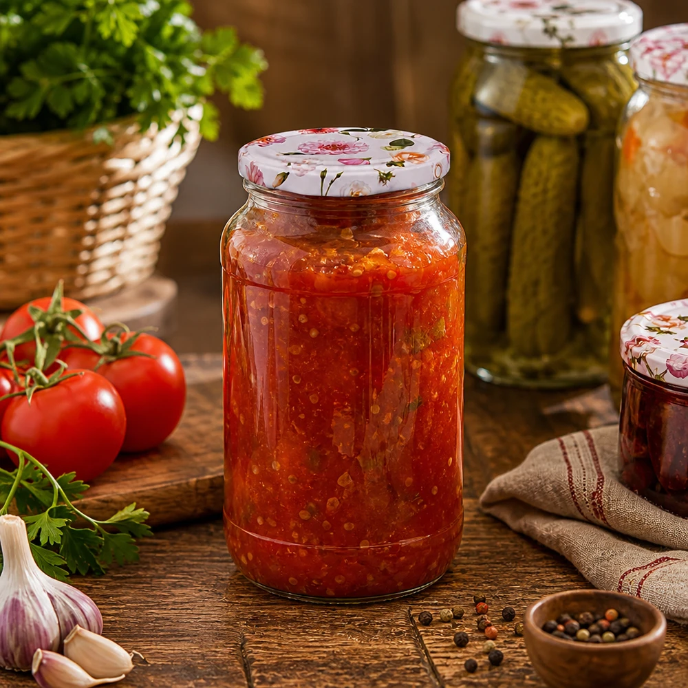 Pot de conserve 1062ml rempli de sauce tomate montre l'utilisation pratique du couvercle à fleur rose dans la cuisine
