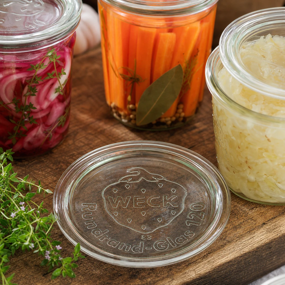 WECK Couvercle en verre RR120 sur planche en bois avec bocaux colorés carottes oignons choucroute et fines herbes