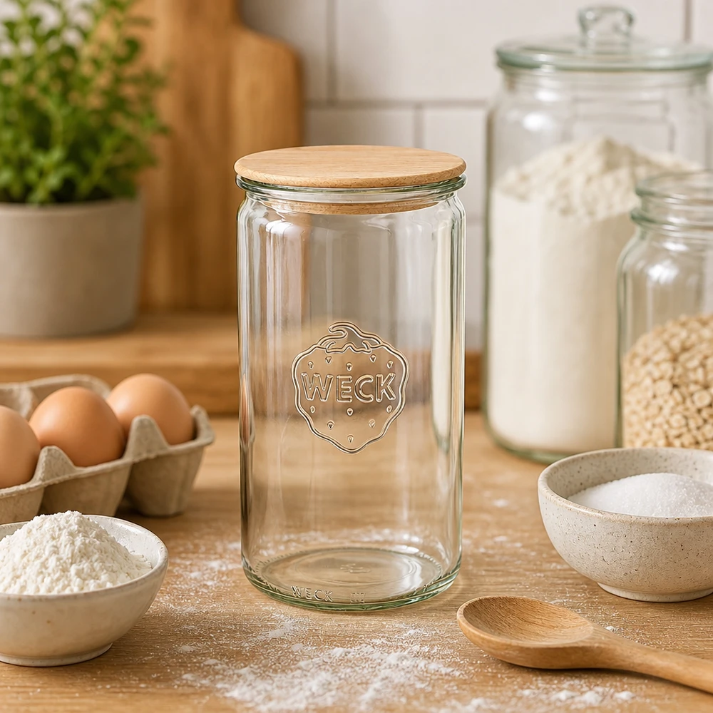 WECK Bocal 1590ml RR100 vide dans Boulangerie avec farine Œufs et ingrédients pour la cuisson du pain et la préparation de la pâte