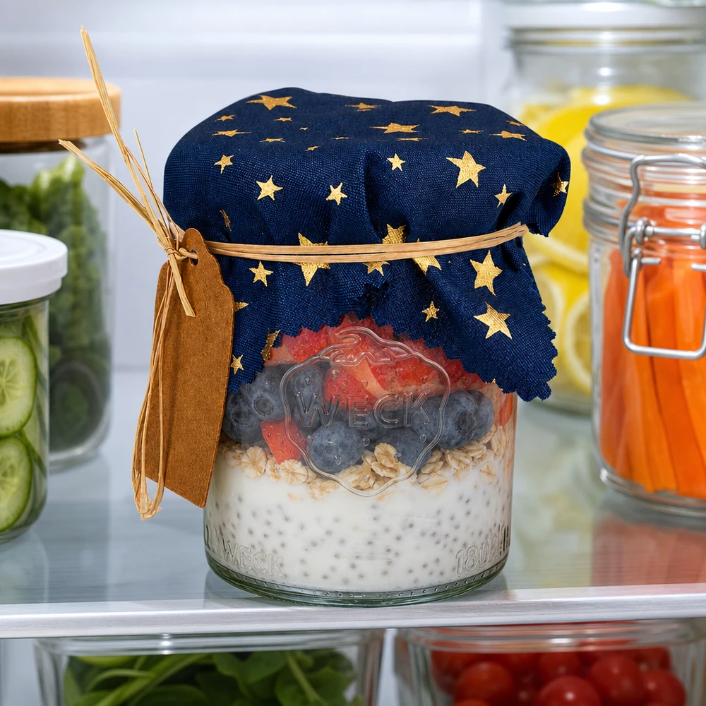 Rangement du réfrigérateur avec un couvercle en tissu bleu étoilé sur des overnight oats entre des concombres frais et des jus de fruits