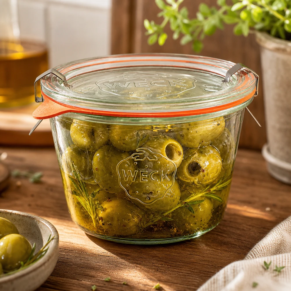 370ml bocal conique complet WECK RR100 WECK Pot renversé 370ml RR100 rempli d'olives marinées à l'huile montre une conservation parfaite des antipasti