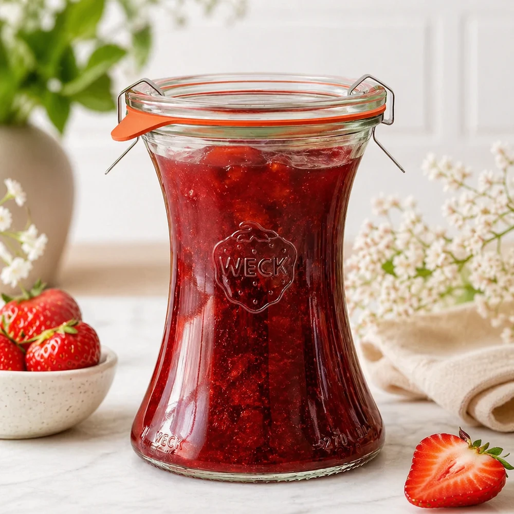 Bocal en verre de 370 ml, modèle WECK RR80 complet WECK Pot de délicatesse 370ml RR80 rempli de confiture de fraises maison Pot à couvercle à étrier Lifestyle