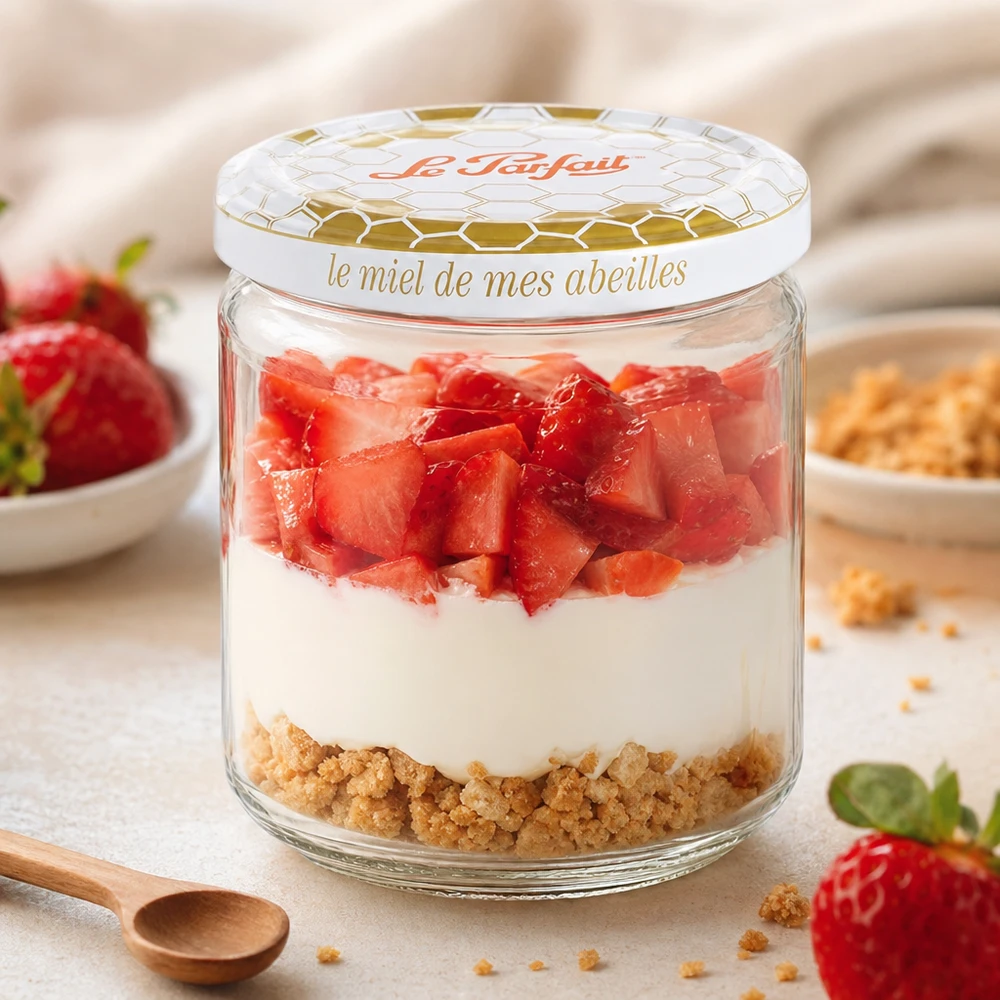 Le Parfait® pot miel 212 ml Ø63 mm Le Parfait 212ml Honey pot de stockage utilisé comme un bol à dessert avec des fraises yaourt et le fond de biscuits en couches