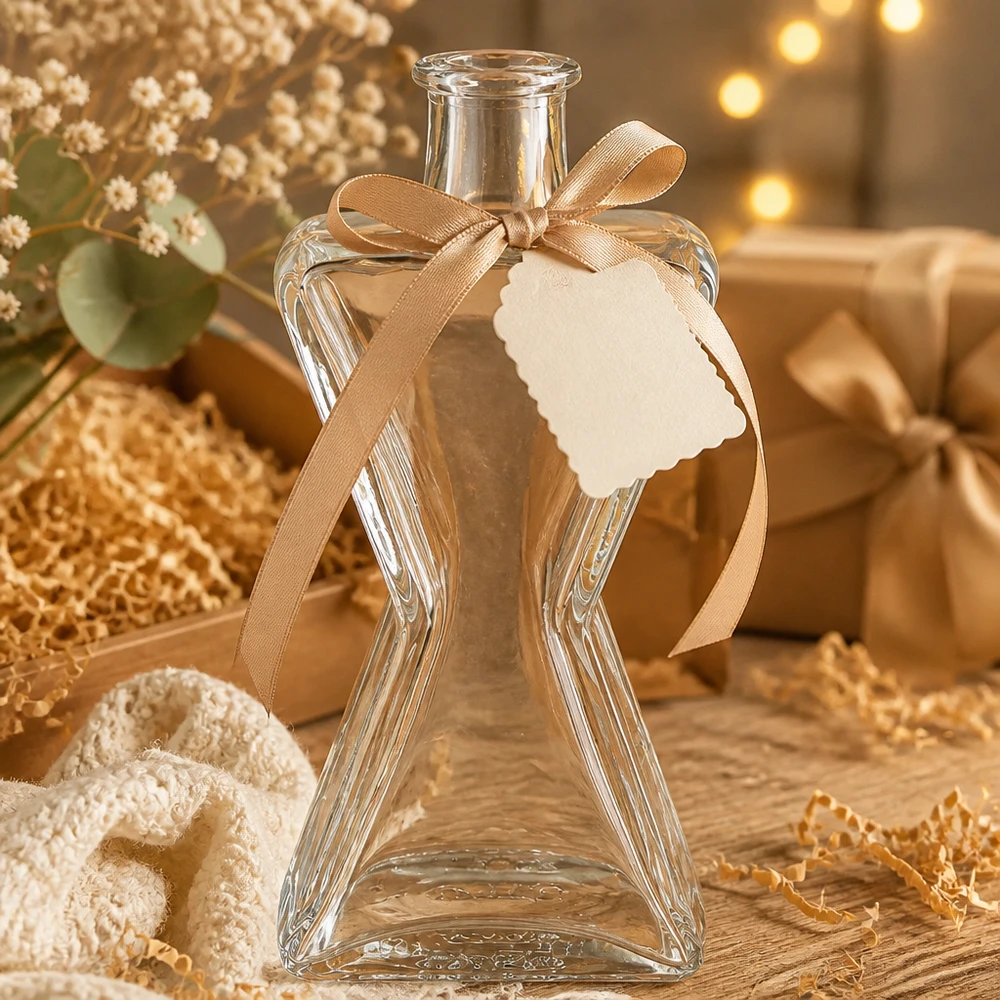 Bouteille en verre 200ml Star avec ruban et étiquette décorée comme cadeau à côté de fleurs séchées