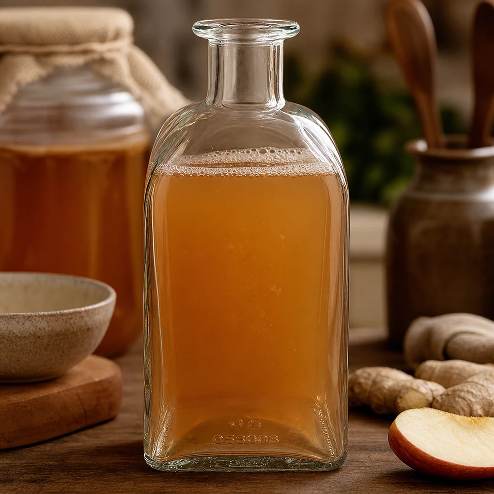 Bouteille de verre Julia de 500 ml contenant un liquide ambré entre du gingembre et des tranches de pomme sur une table en bois rustique