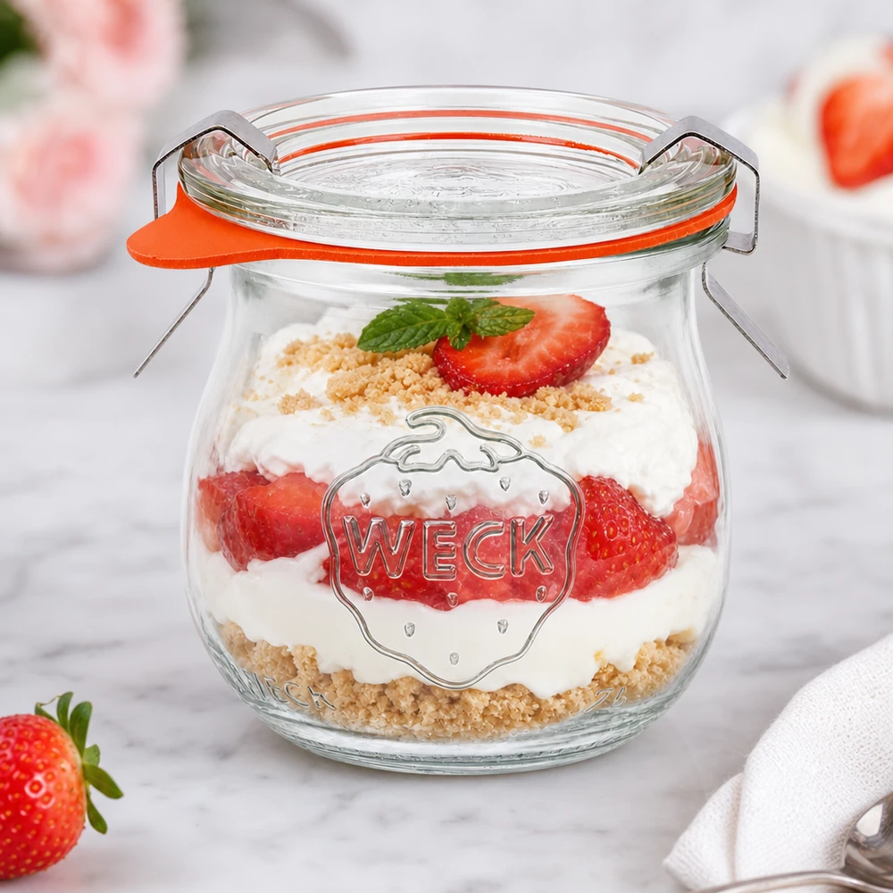 WECK Verre tulipe 75ml comme verre à dessert avec un dessert stratifié à la fraise et à la crème et des miettes de biscuits présentées avec style