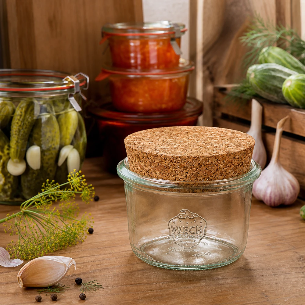 80ml bocal conique WECK RR60 avec bouchon nature WECK RR60 Pot renversé 80ml avec bouchon dans une cuisine rustique à côté de cornichons marinés et d'herbes fraîches