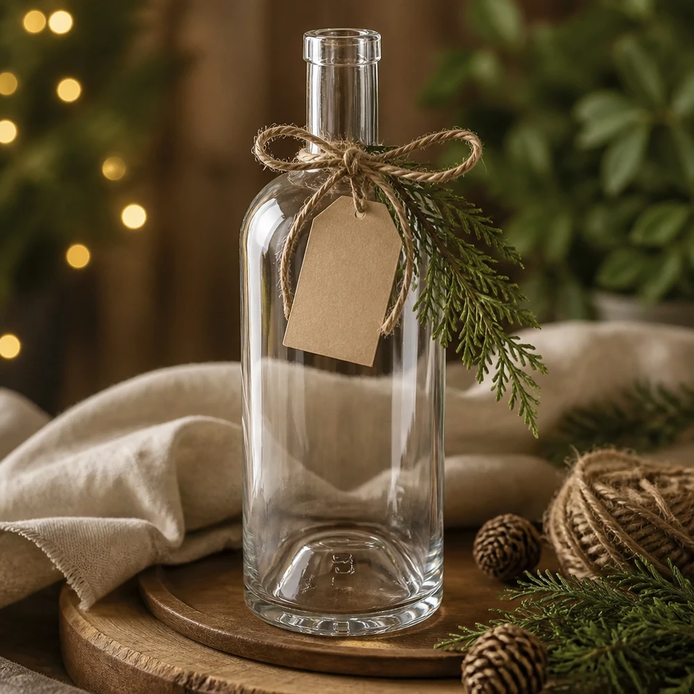 Bouteille en verre Emma de 750 ml décorée pour Noël avec pendentif en papier kraft Boucle en jute et branche de sapin sur planche en bois