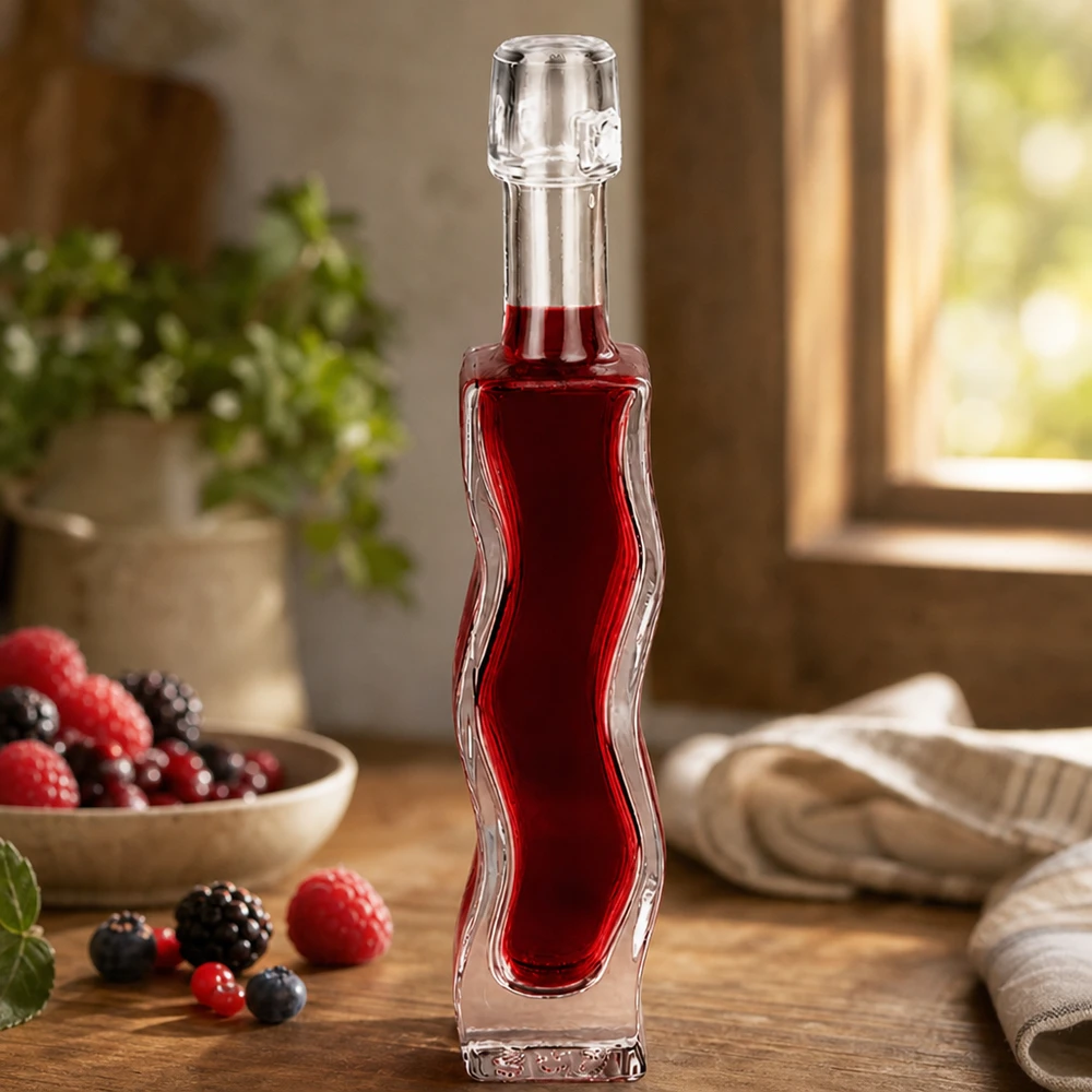 Flacon en verre « Fila » 40 ml sans bouchon UNiTWIST® Bouteille en verre Anna de 40 ml remplie de jus de baies rouges Décor fruits rouges Scène de cuisine Exemple d'utilisation Liqueur