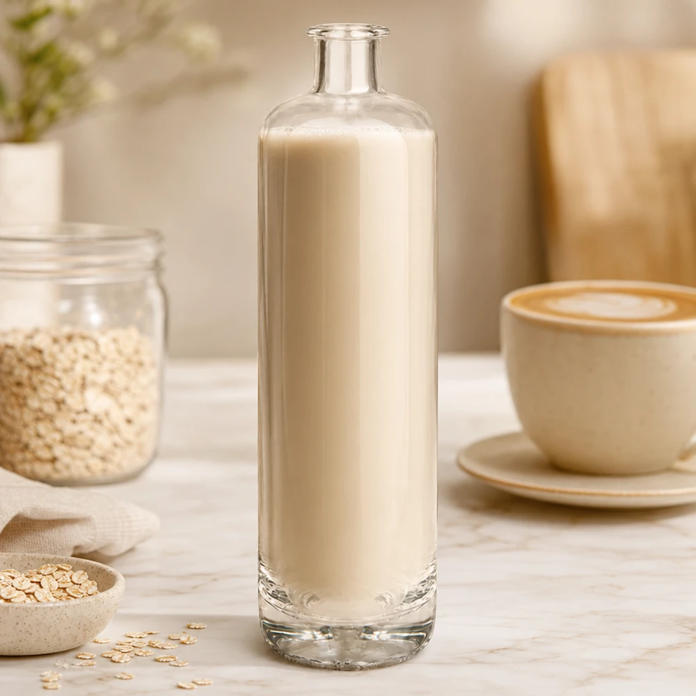 Bouteille en verre Ella de 700 ml remplie de lait d'avoine crémeux à côté de flocons d'avoine et d'une tasse de café dans une scène de cuisine naturelle