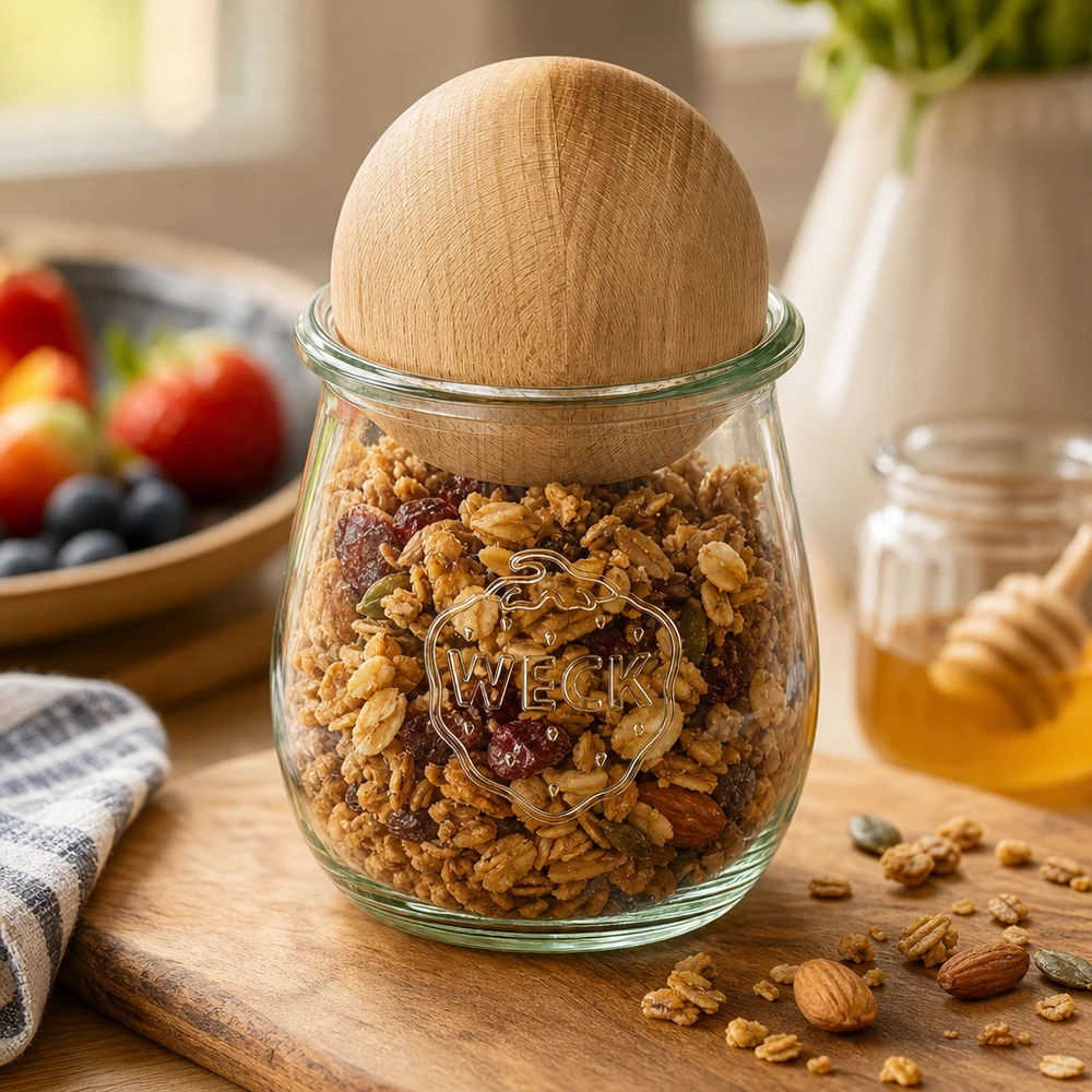WECK Pot tulipe 220ml avec boule en hêtre remplie de noix et de fruits secs, bocal à provisions Scène de cuisine