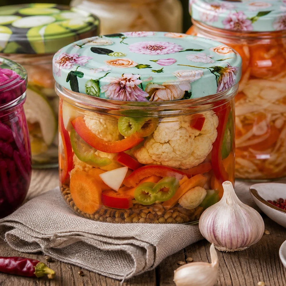 230ml bocal cylindrique avec couvercle BasicSeal fleur menthe pour légumes marinés - Bocal de fermentation avec ail